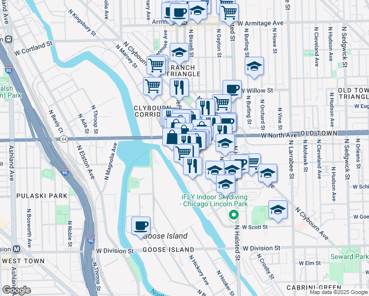 map of restaurants, bars, coffee shops, grocery stores, and more near 1551 North Sheffield Avenue in Chicago
