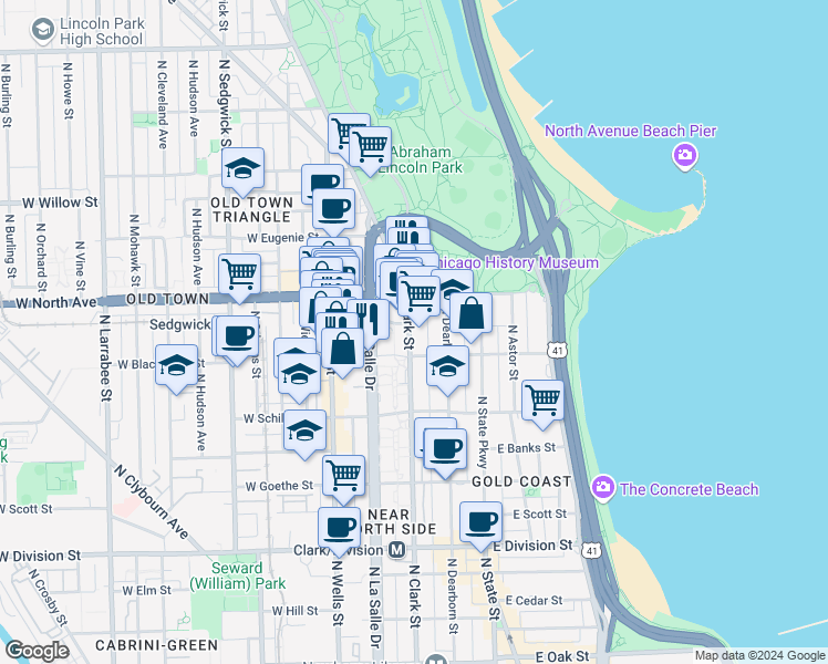 map of restaurants, bars, coffee shops, grocery stores, and more near 2 North Clark Street in Chicago