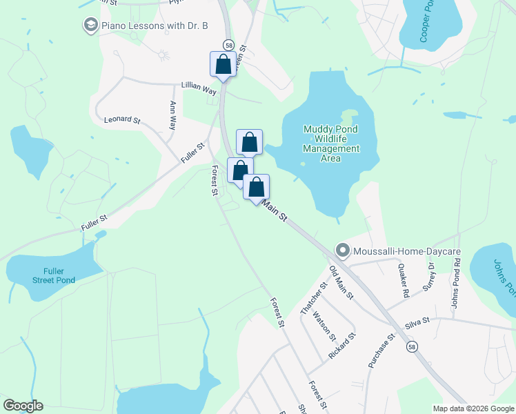 map of restaurants, bars, coffee shops, grocery stores, and more near 38 North Main Street in Carver