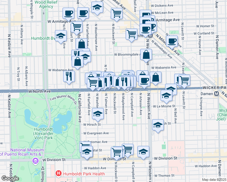 map of restaurants, bars, coffee shops, grocery stores, and more near 2601 West North Avenue in Chicago