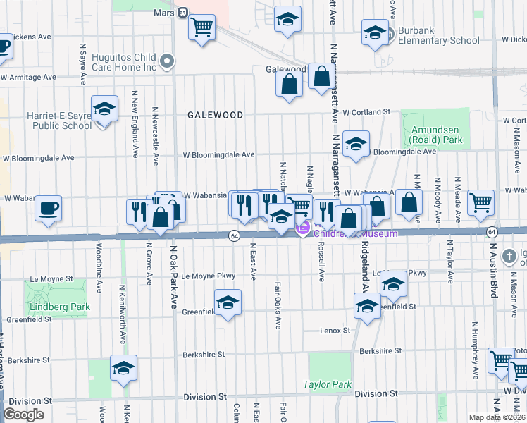 map of restaurants, bars, coffee shops, grocery stores, and more near 1624 North Natchez Avenue in Chicago