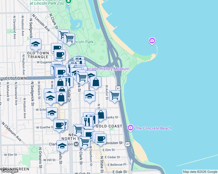 map of restaurants, bars, coffee shops, grocery stores, and more near 1515 North Astor Street in Chicago