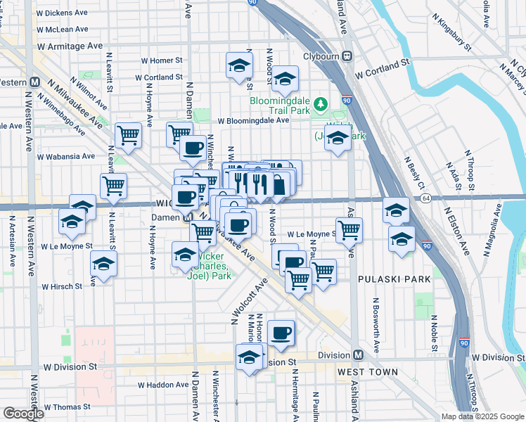 map of restaurants, bars, coffee shops, grocery stores, and more near in Chicago