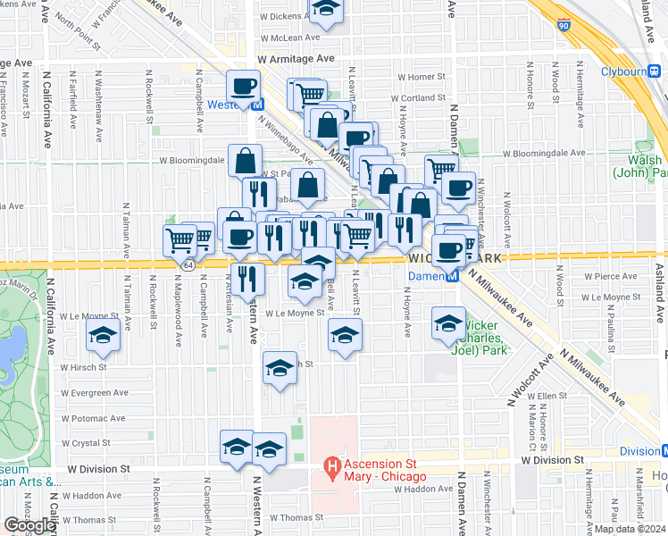 map of restaurants, bars, coffee shops, grocery stores, and more near 2243 West North Avenue in Chicago