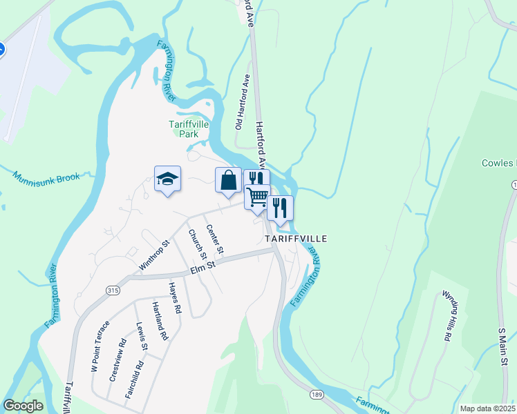 map of restaurants, bars, coffee shops, grocery stores, and more near 38 Main Street in Simsbury