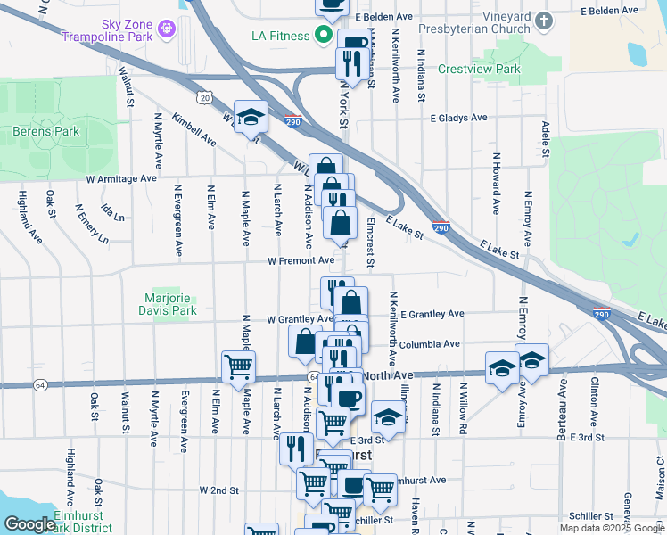 map of restaurants, bars, coffee shops, grocery stores, and more near 404 North York Street in Elmhurst