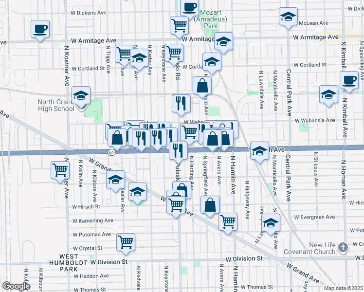 map of restaurants, bars, coffee shops, grocery stores, and more near 3956 West North Avenue in Chicago