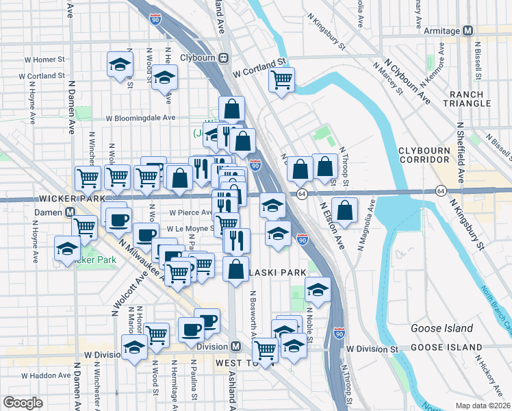 map of restaurants, bars, coffee shops, grocery stores, and more near 1541 North Bosworth Avenue in Chicago