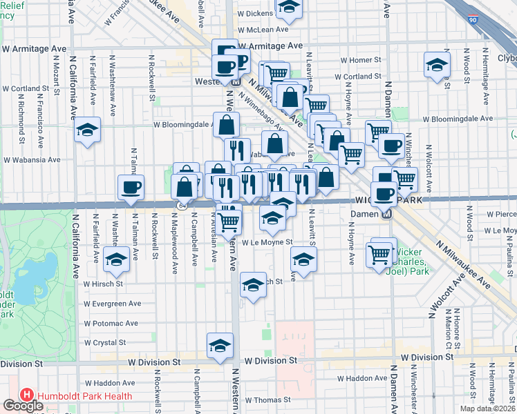 map of restaurants, bars, coffee shops, grocery stores, and more near 2325 West North Avenue in Chicago