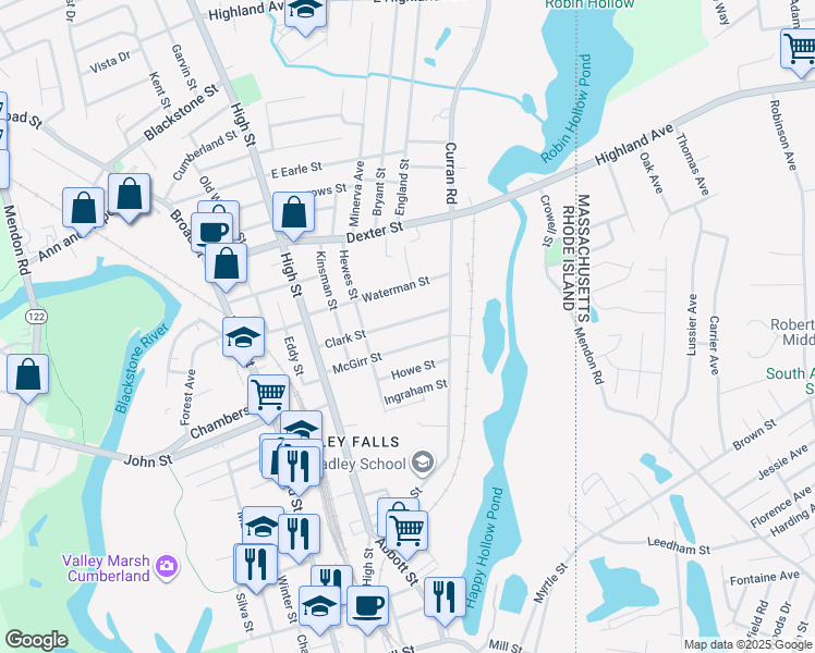 map of restaurants, bars, coffee shops, grocery stores, and more near 99 Clark Street in Cumberland