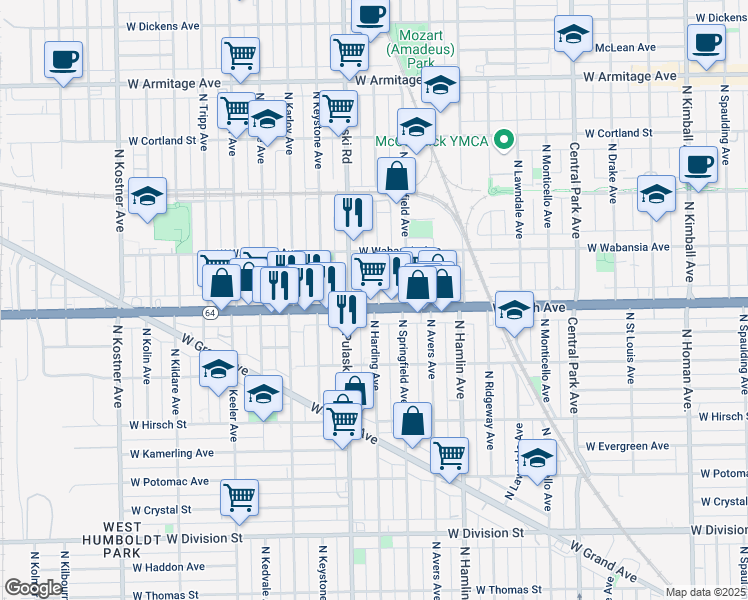 map of restaurants, bars, coffee shops, grocery stores, and more near in Chicago