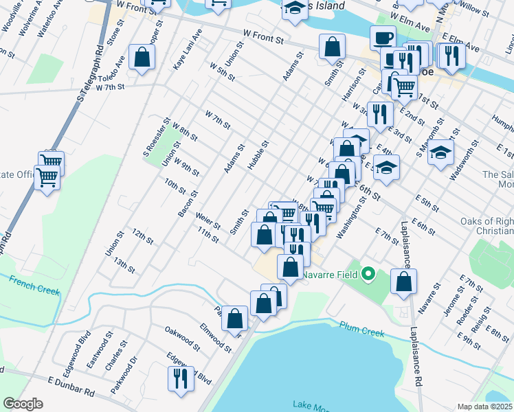 map of restaurants, bars, coffee shops, grocery stores, and more near 829 Smith Street in Monroe