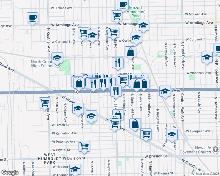 map of restaurants, bars, coffee shops, grocery stores, and more near 4032 West North Avenue in Chicago