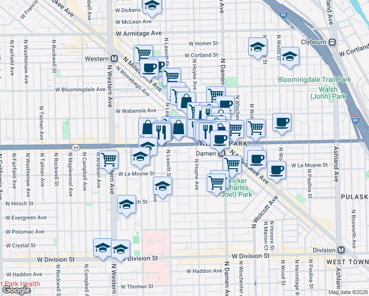 map of restaurants, bars, coffee shops, grocery stores, and more near 2131 West North Avenue in Chicago