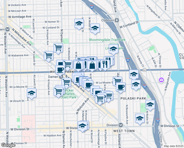 map of restaurants, bars, coffee shops, grocery stores, and more near 1545 North Wood Street in Chicago