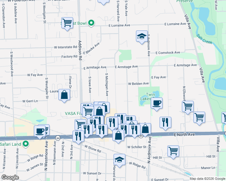 map of restaurants, bars, coffee shops, grocery stores, and more near 942 South Harvard Avenue in Addison