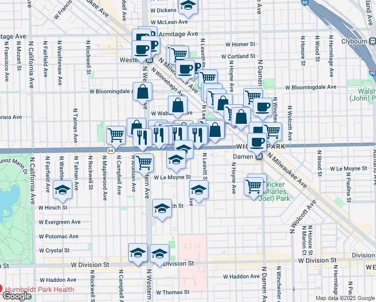 map of restaurants, bars, coffee shops, grocery stores, and more near 2243 West North Avenue in Chicago