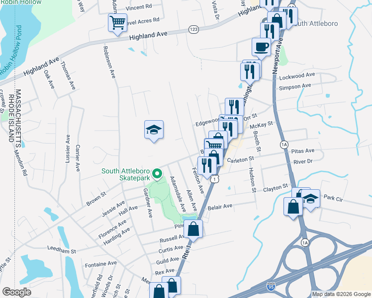 map of restaurants, bars, coffee shops, grocery stores, and more near 4 Tomlinson Road in Attleboro