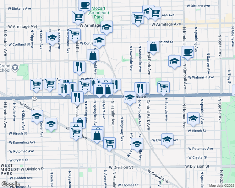 map of restaurants, bars, coffee shops, grocery stores, and more near in Chicago