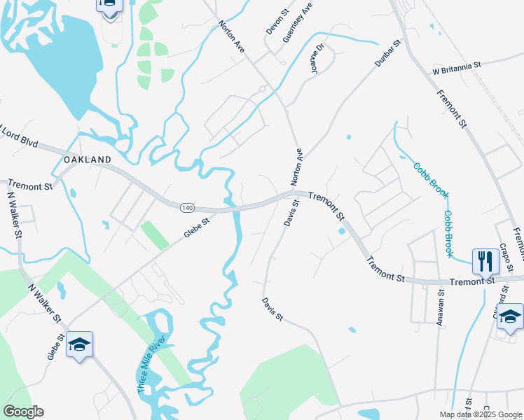 map of restaurants, bars, coffee shops, grocery stores, and more near 15 Tremont Avenue in Taunton