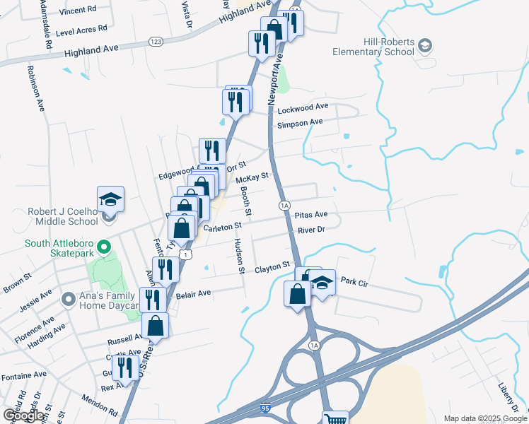 map of restaurants, bars, coffee shops, grocery stores, and more near 54 Carleton Street in Attleboro