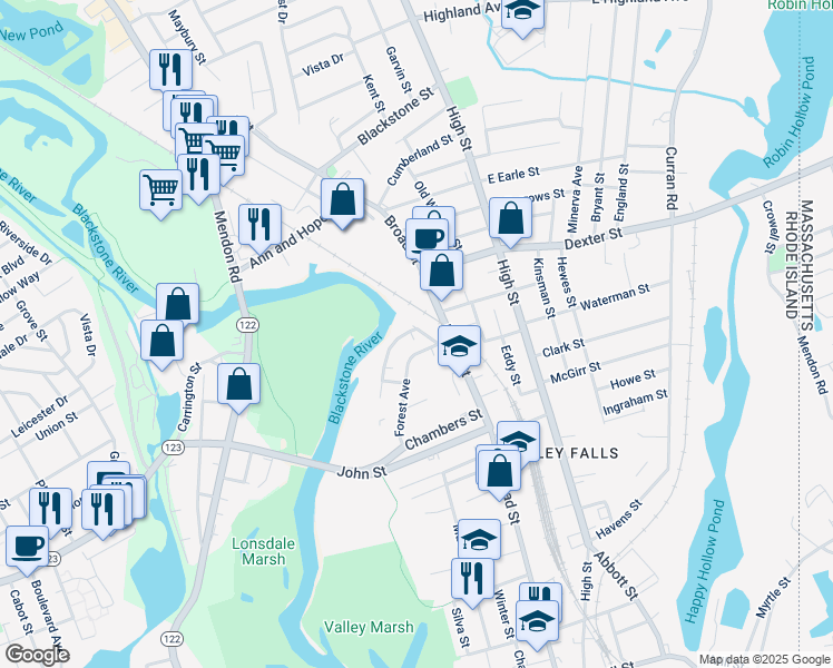 map of restaurants, bars, coffee shops, grocery stores, and more near 8 Forest Avenue in Cumberland