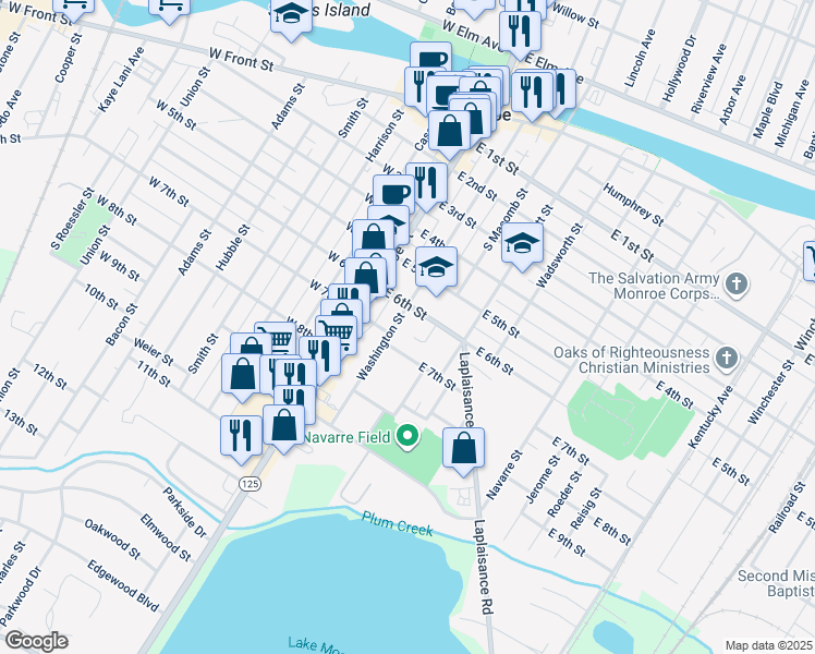 map of restaurants, bars, coffee shops, grocery stores, and more near 149 John R Court in Monroe