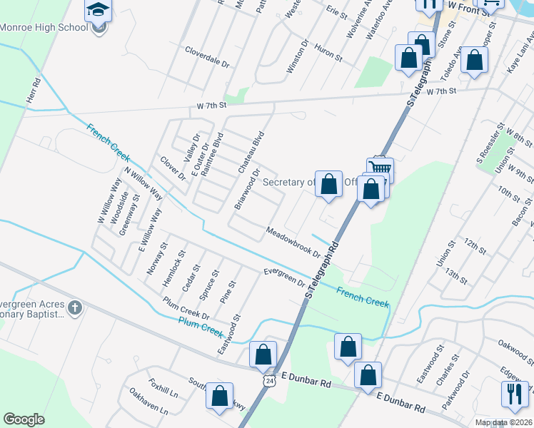 map of restaurants, bars, coffee shops, grocery stores, and more near 1274 Strandwyck Drive in Monroe