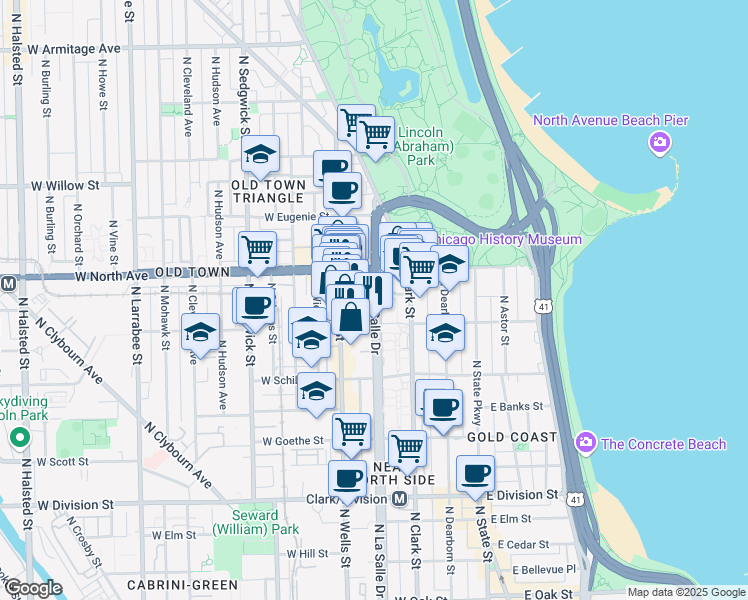 map of restaurants, bars, coffee shops, grocery stores, and more near 1546 North LaSalle Drive in Chicago