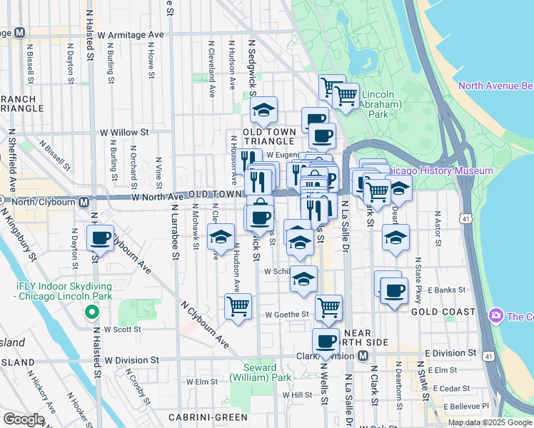 map of restaurants, bars, coffee shops, grocery stores, and more near 1522 North Orleans Street in Chicago