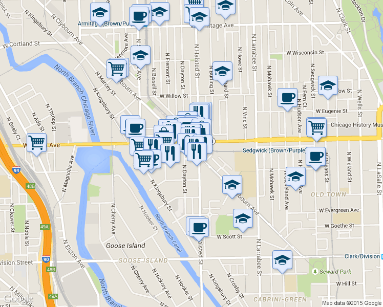 map of restaurants, bars, coffee shops, grocery stores, and more near 1555 North Dayton Street in Chicago