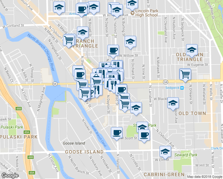 map of restaurants, bars, coffee shops, grocery stores, and more near 1555 North Dayton Street in Chicago
