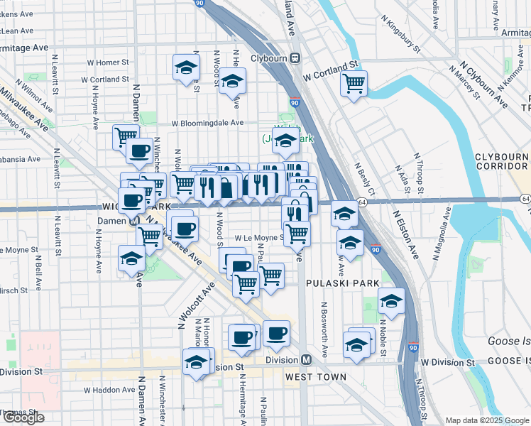 map of restaurants, bars, coffee shops, grocery stores, and more near 1528 North Paulina Street in Chicago