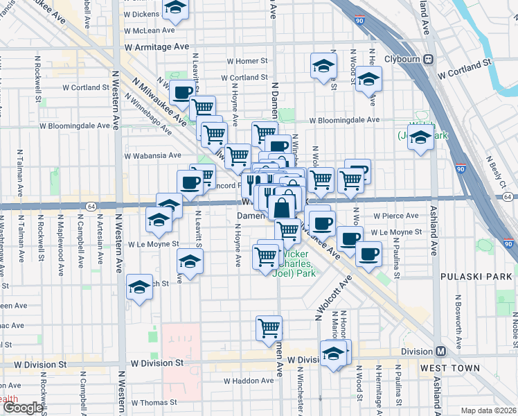 map of restaurants, bars, coffee shops, grocery stores, and more near in Chicago