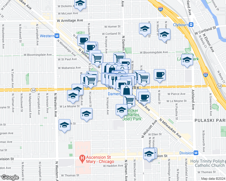 map of restaurants, bars, coffee shops, grocery stores, and more near 1563 North Hoyne Avenue in Chicago