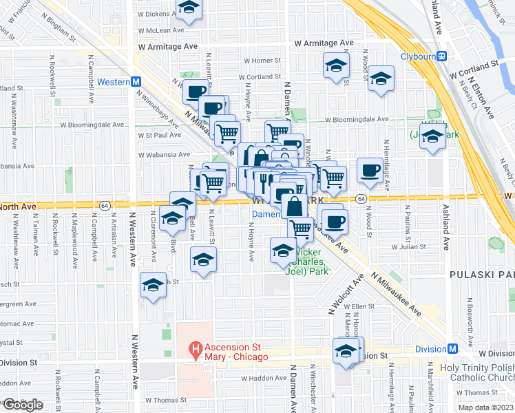map of restaurants, bars, coffee shops, grocery stores, and more near 1563 North Hoyne Avenue in Chicago