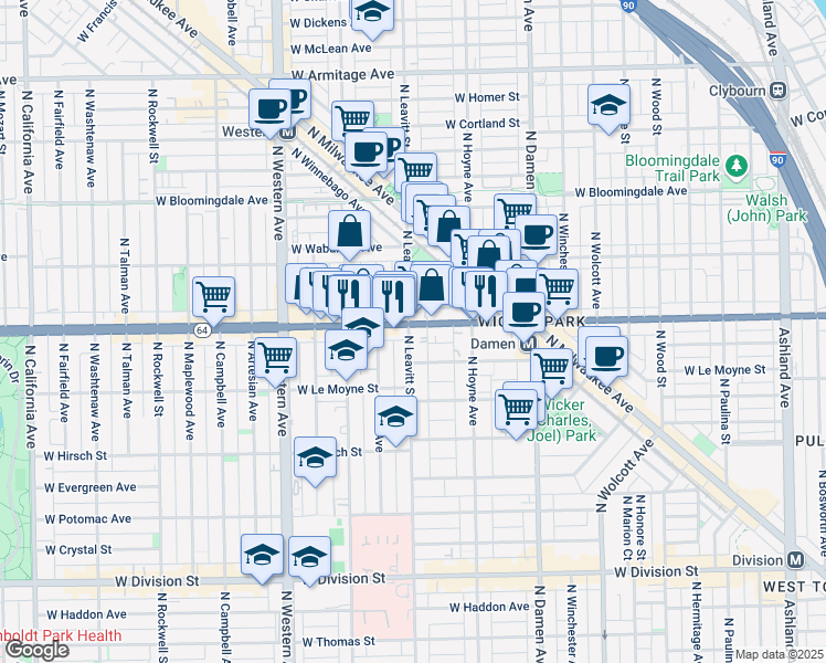 map of restaurants, bars, coffee shops, grocery stores, and more near 1548 North Leavitt Street in Chicago
