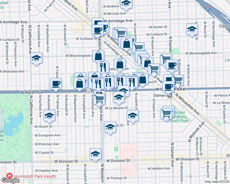 map of restaurants, bars, coffee shops, grocery stores, and more near 2325 West North Avenue in Chicago