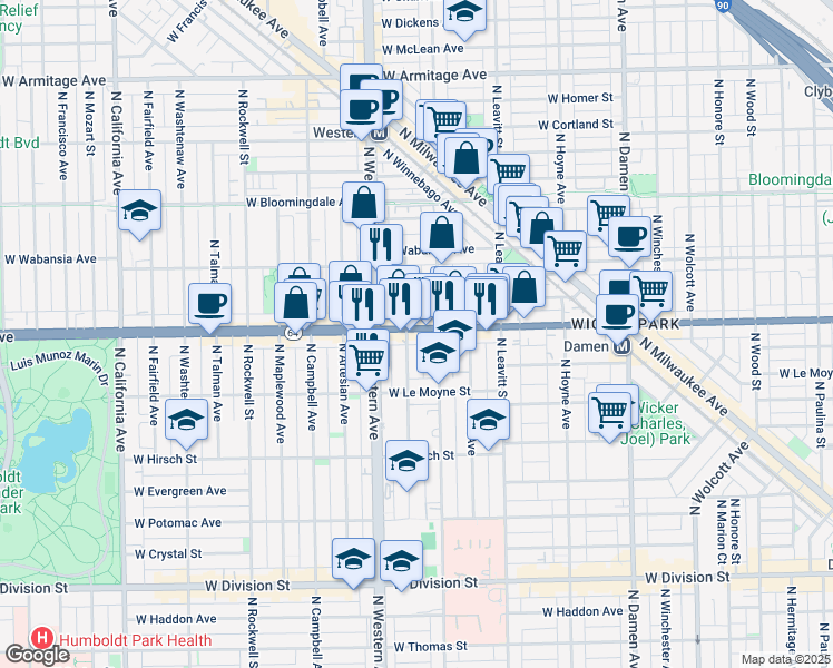 map of restaurants, bars, coffee shops, grocery stores, and more near in Chicago