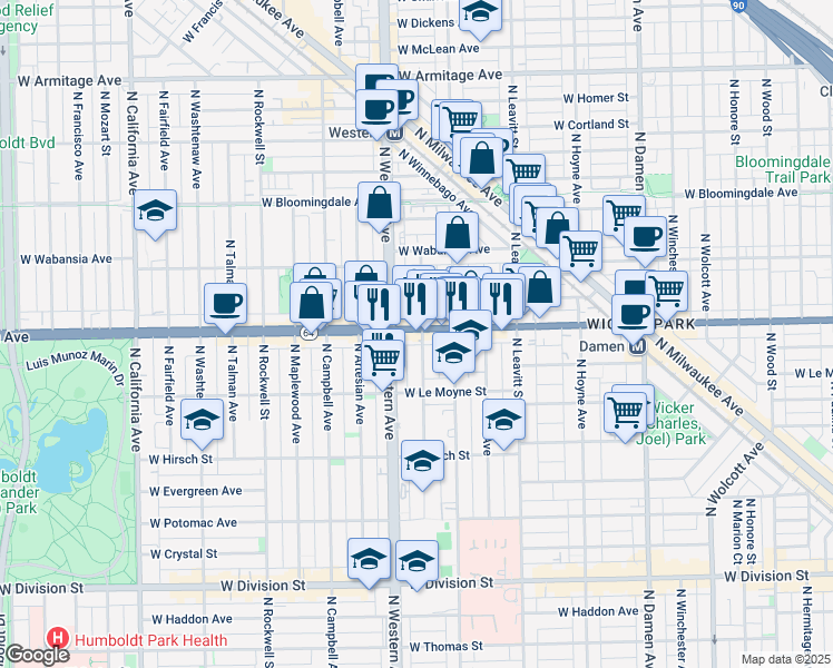 map of restaurants, bars, coffee shops, grocery stores, and more near 2325 West North Avenue in Chicago