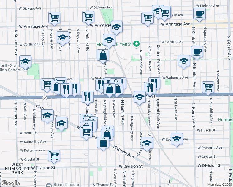 map of restaurants, bars, coffee shops, grocery stores, and more near 3835 Illinois 64 in Chicago