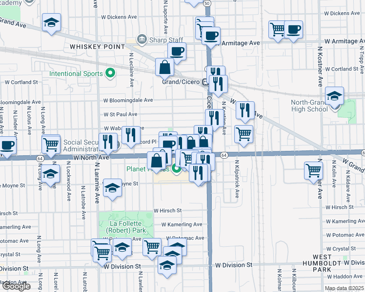 map of restaurants, bars, coffee shops, grocery stores, and more near in Chicago