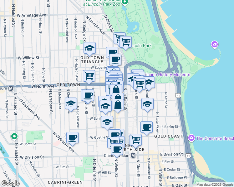 map of restaurants, bars, coffee shops, grocery stores, and more near 1535 North Wells Street in Chicago