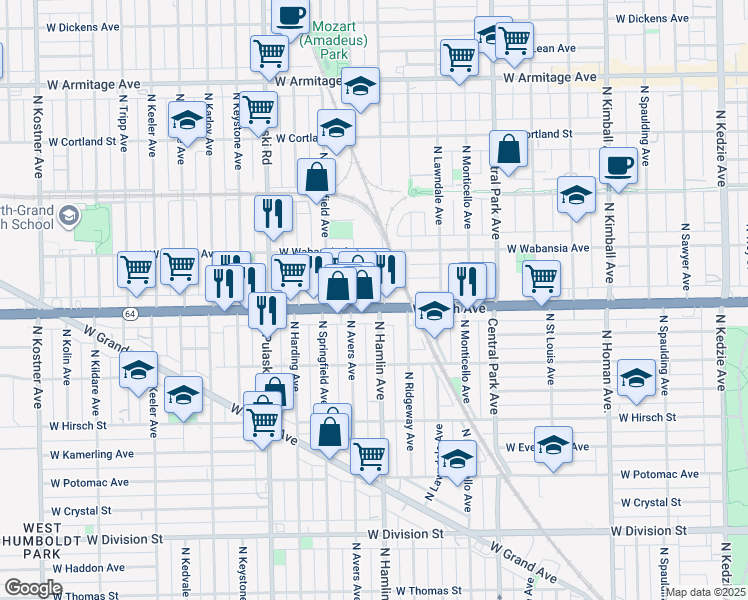 map of restaurants, bars, coffee shops, grocery stores, and more near in Chicago