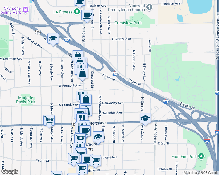 map of restaurants, bars, coffee shops, grocery stores, and more near 169 East Fremont Avenue in Elmhurst