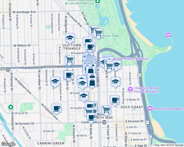 map of restaurants, bars, coffee shops, grocery stores, and more near 1529 North Wells Street in Chicago