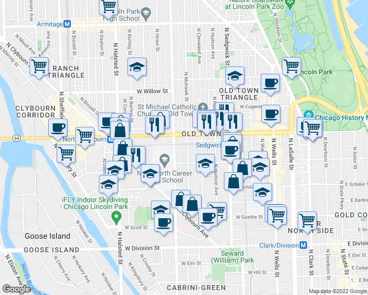 map of restaurants, bars, coffee shops, grocery stores, and more near 1527 North Mohawk Street in Chicago