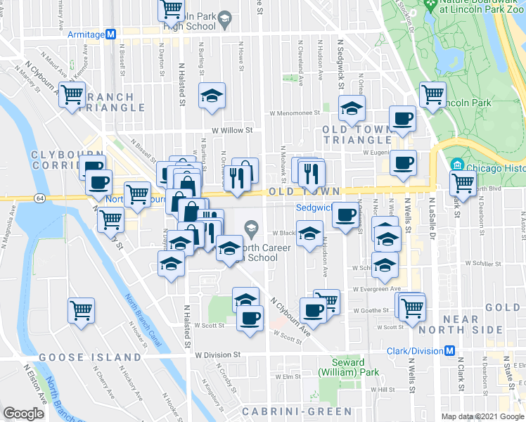 map of restaurants, bars, coffee shops, grocery stores, and more near 1530 North Larrabee Street in Chicago