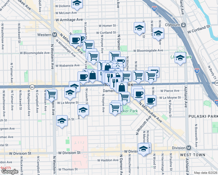 map of restaurants, bars, coffee shops, grocery stores, and more near 1563 North Hoyne Avenue in Chicago