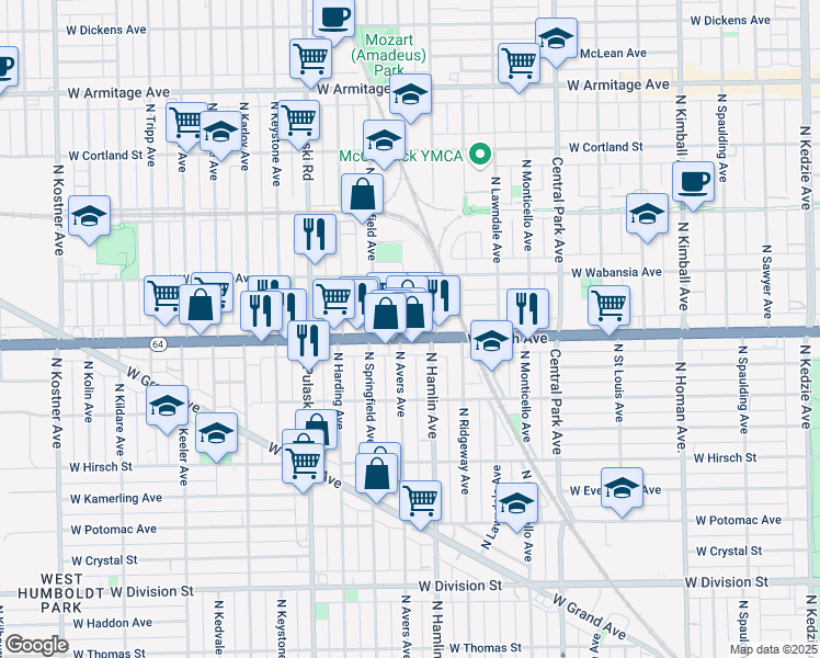 map of restaurants, bars, coffee shops, grocery stores, and more near 3835 Illinois 64 in Chicago